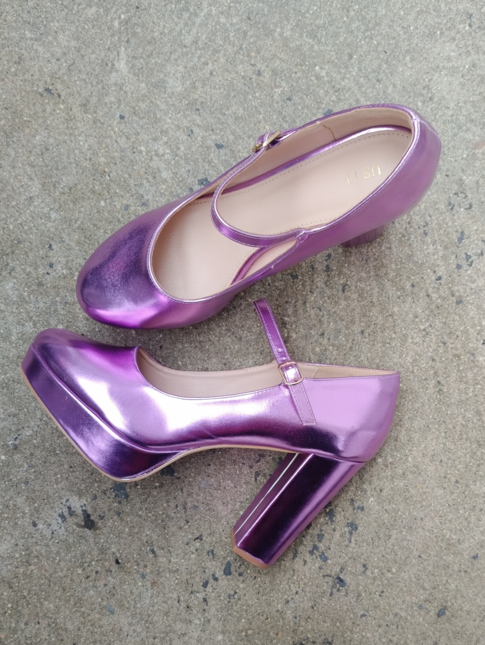 Metallic Purple Mary Jane Block Heel Pumps